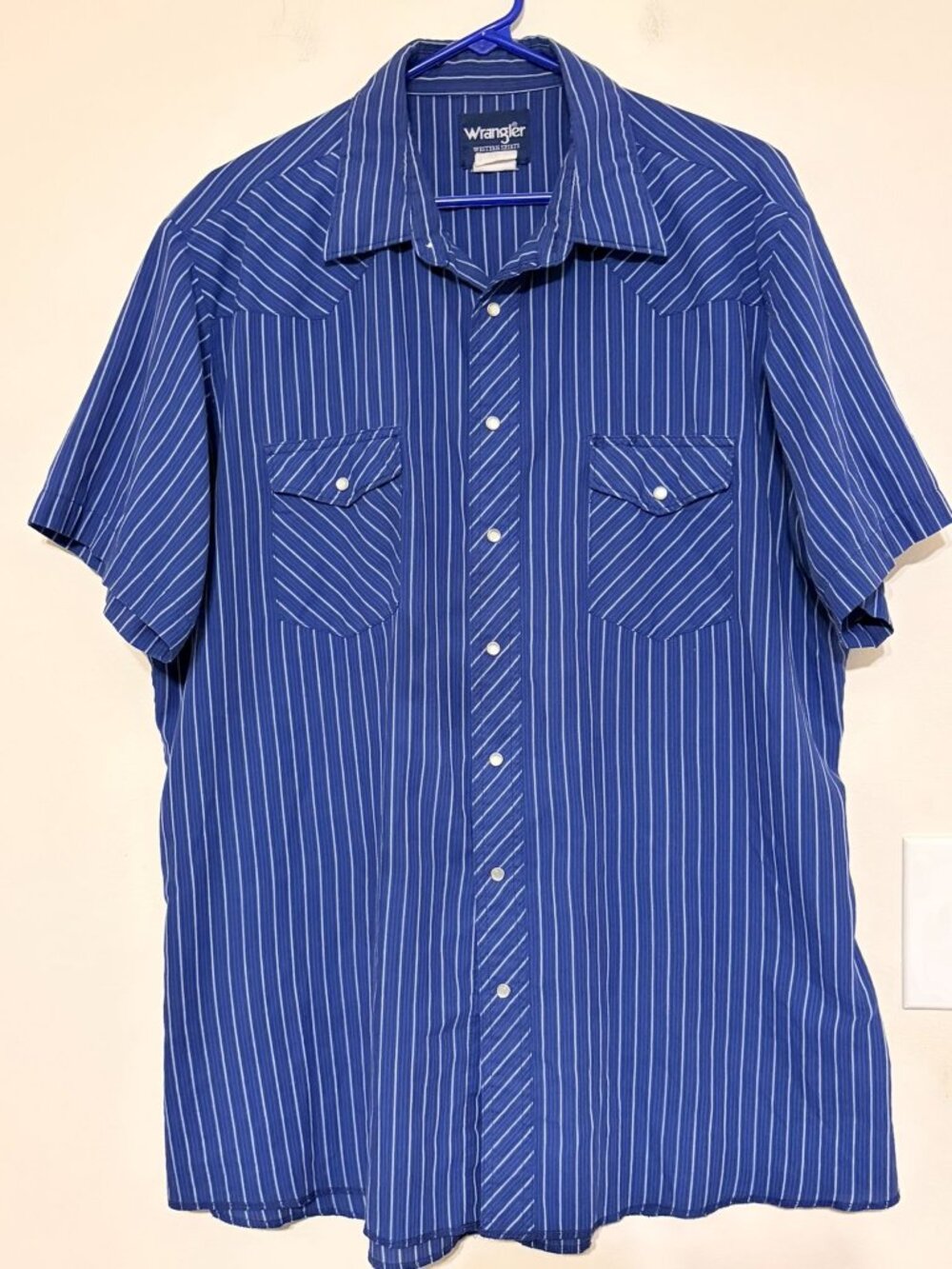 Men's Blue White Striped Wrangler Western Wear Button Down Pearl Buttons 2XL XXL